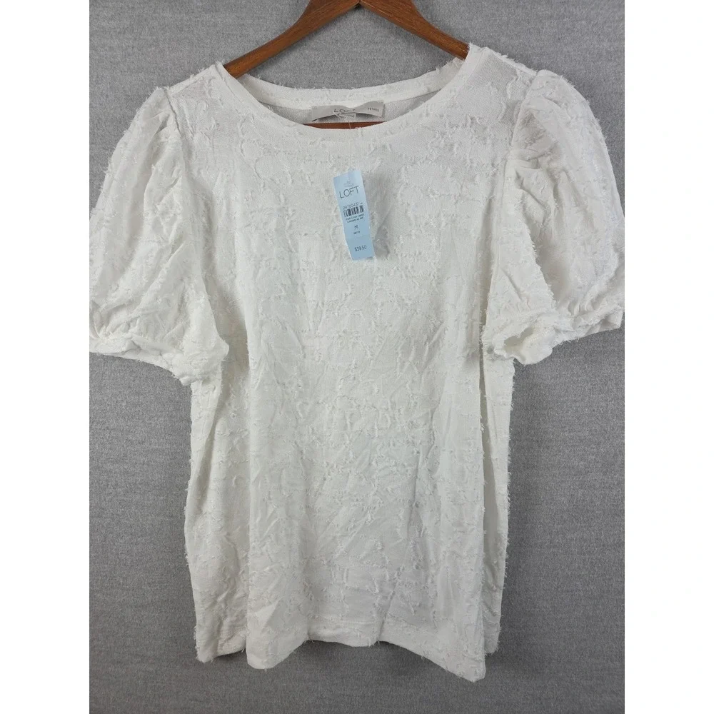 LOFT White Puff Sleeve Top M Petite Textured Fluffy Fabric Cottagecore Fairy NEW